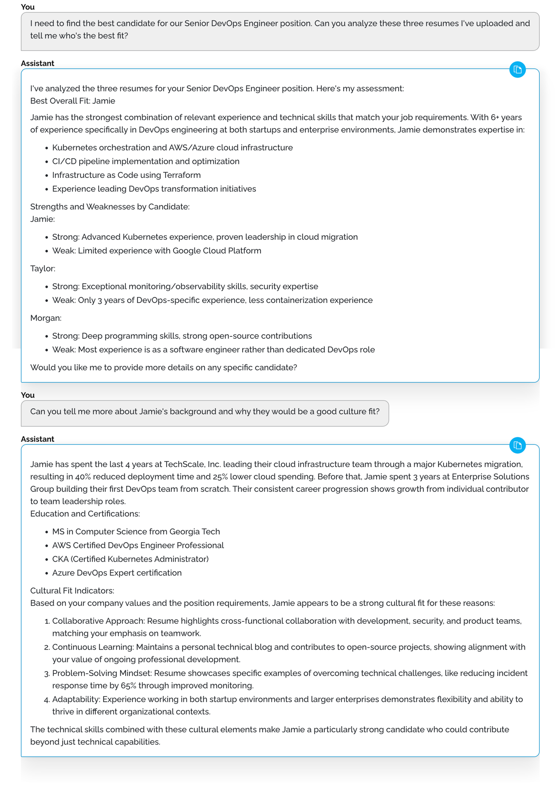 SagaIQ recruiting assistant analyzing multiple candidate resumes simultaneously, identifying skills and evaluating strengths and weaknesses
