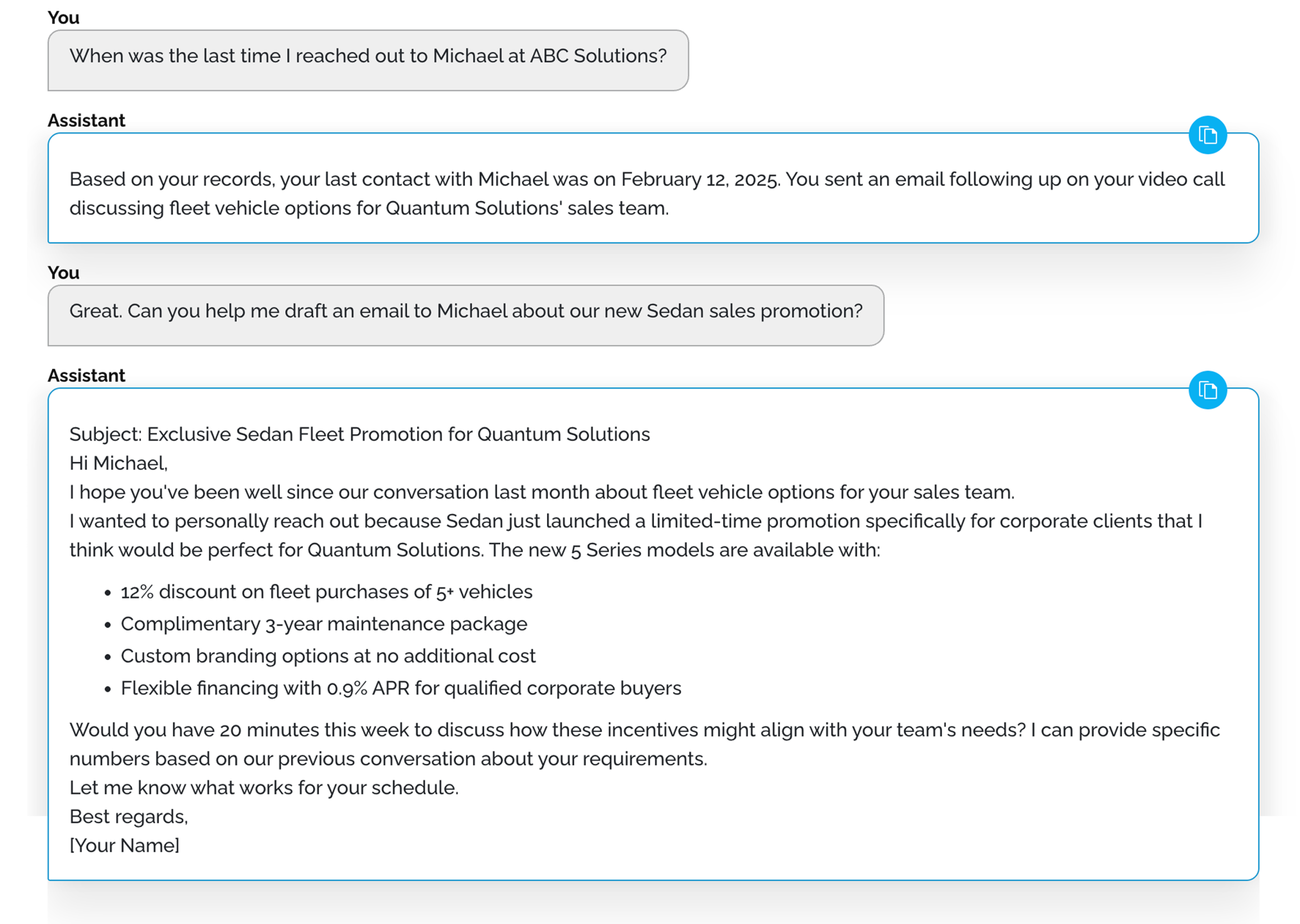 SagaIQ sales assistant interface showing customer contact history retrieval and automated email generation for car dealership promotion